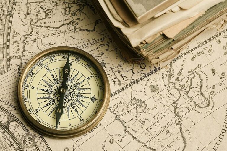 Antique compass and map.